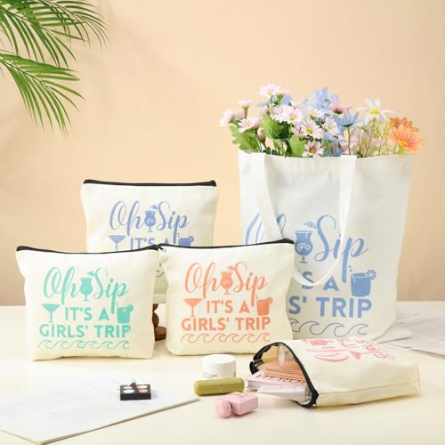 Girls Trip Gift Bags Set - 4 Tote Bags & 4 Makeup Pouches