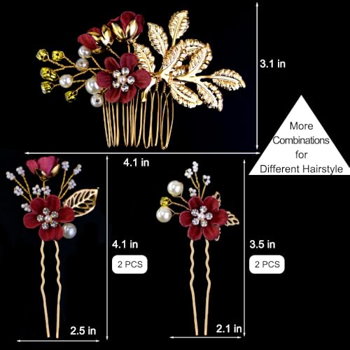LAPOHI 5 Pcs Bridal Wedding Hair Pins Crystal Pearl Flower & Burgundy Headpiece
