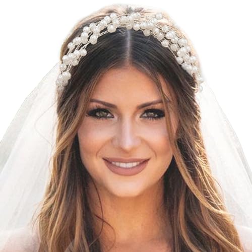 White Pearl Bridal Headband with Ribbons - Elegant Wedding Hair Accessory
