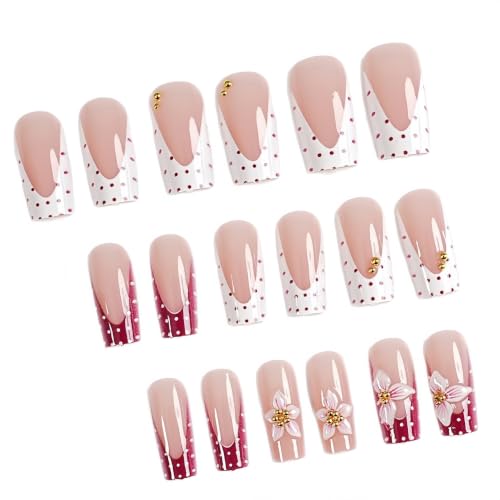 24Pcs Pink Flower Press On Nails with 3D Gold Rhinestones