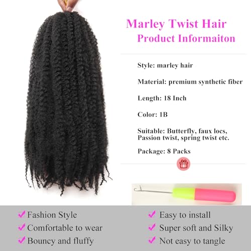 XSASLYET Marley Twist Braiding Hair 18 Inch 1B - 8 Packs, Afro Kinky Texture