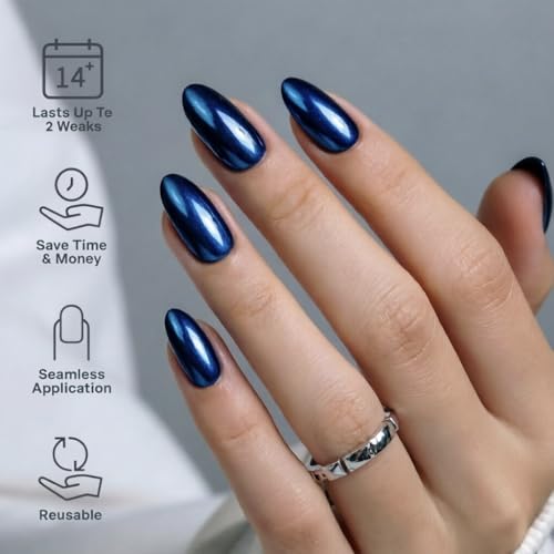 Dark Blue Almond Press On Nails - 24 Pcs Pearl Shimmer French Fake Nails