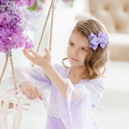 TOKUFAGU 4" Sparkly Glitter Sequin Ribbon Hair Bow Clips Light Purple with Pearls