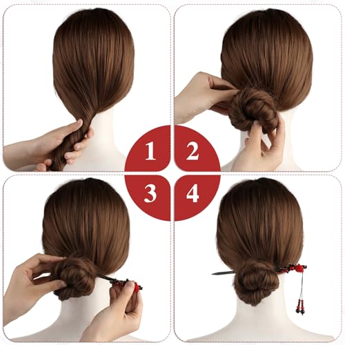 2 Pack Retro Chinese Hair Sticks with Red Flower Design