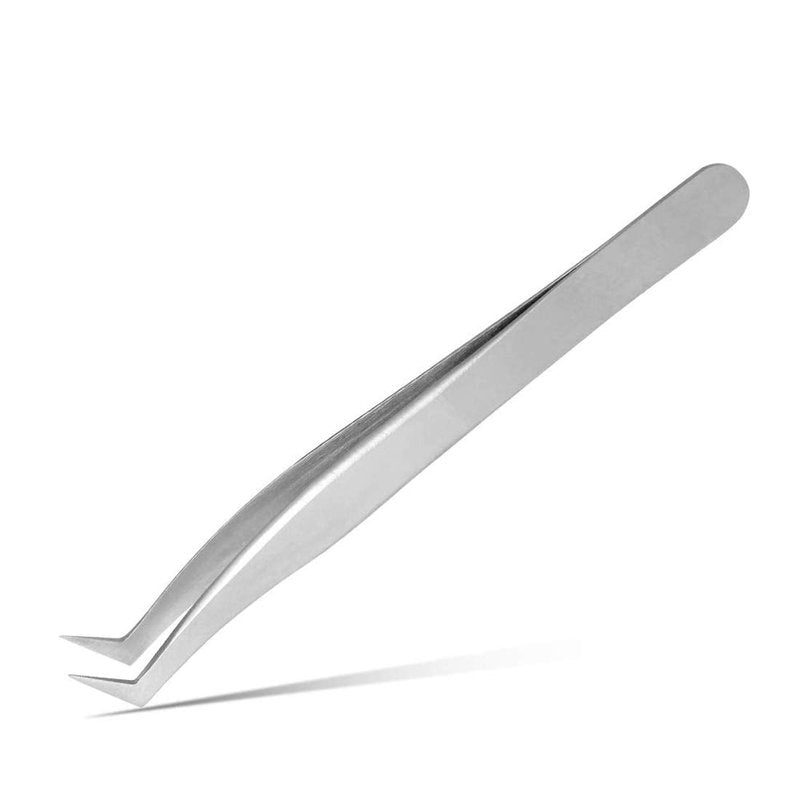 Eyelash Tweezers Set - FEITA Precision Eyelash Extension Tweezers - Professional Slant & Curved Pointed Very Fine Tip Tweezers for False Lashes - Silver - 2 Pcs