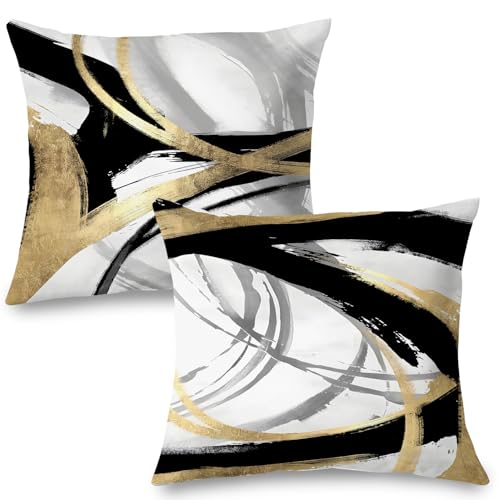 Black and Gold Abstract Pillow Covers 16x16 Set of 2 - Modern Flannel Decor