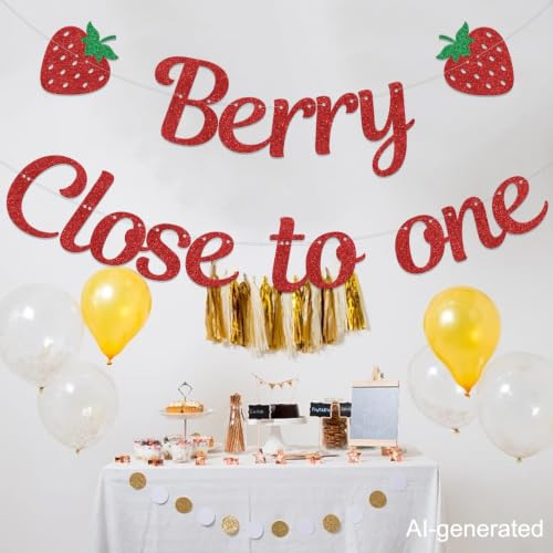 Berry Close to One Birthday Banner - Strawberry 1/2 Year Party Decor