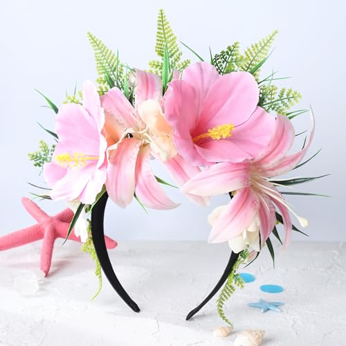 Pink Hawaiian Flower Crown Headband - Tropical Hibiscus Party Accessory