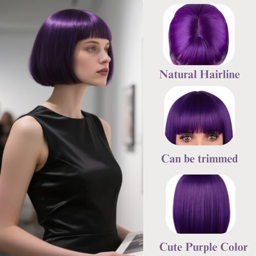 12 Inch Dark Purple Bob Wig with Bangs - Synthetic, Heat Resistant