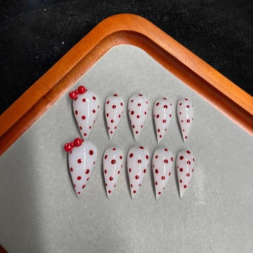 Handmade Press on Nails M - Red Polka Dot & Bow Stiletto Acrylic