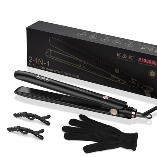 K&K 2-in-1 Flat Iron Curler - 1" Titanium Hair Straightener for Short Hair (Black)