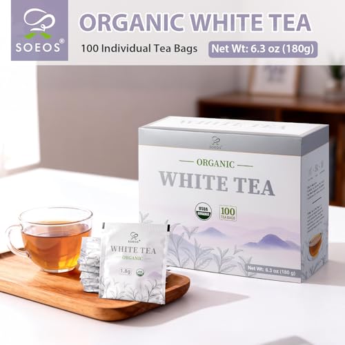 Soeos Organic White Tea - 100 Individually Wrapped Tea Bags, Low Caffeine, Smooth Floral Flavor