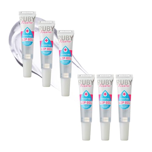 Ruby Kisses Hydrating Clear Lip Oil Treatment Gloss 6 Pack, Vitamin E & Jojoba, Non-Greasy Lip Hydration