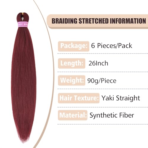 26 Inch Burgundy Pre Stretched Braiding Hair Extensions - 6 Packs (900#)