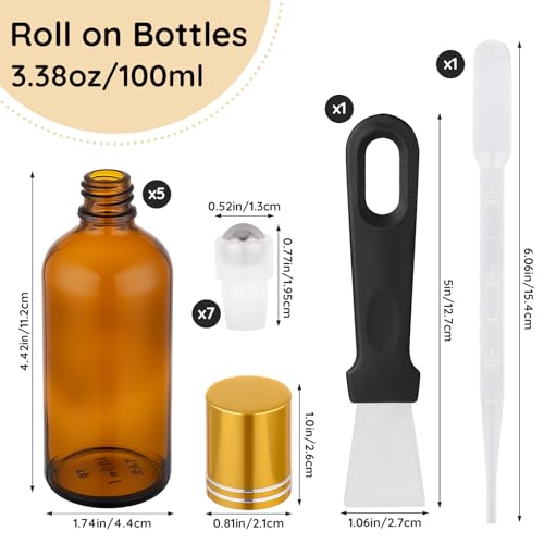 Segbeauty Amber Gold Glass Roller Bottles 3.4oz/100ml - 5 Pack for Essential Oils & Perfume