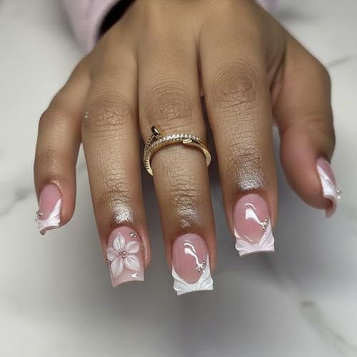 Short Square Press On Nails with 3D Floral Design - 24 Pcs