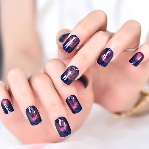 Dark Blue Shimmer Press On Nails with Pink Cat Eye Glitter Short Squoval Fake Manicure
