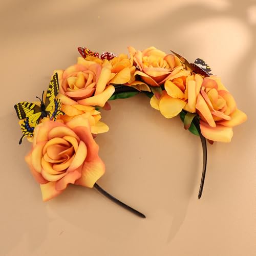 Mexican Rose Flower Crown Headband - Butterfly 1 Orange Elastic