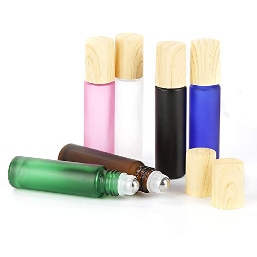 Furnido Pink Frosted Essential Oil Roller Bottles 10ml, 5 Pack with Stainless Steel Rollers & Wood Grain Lids