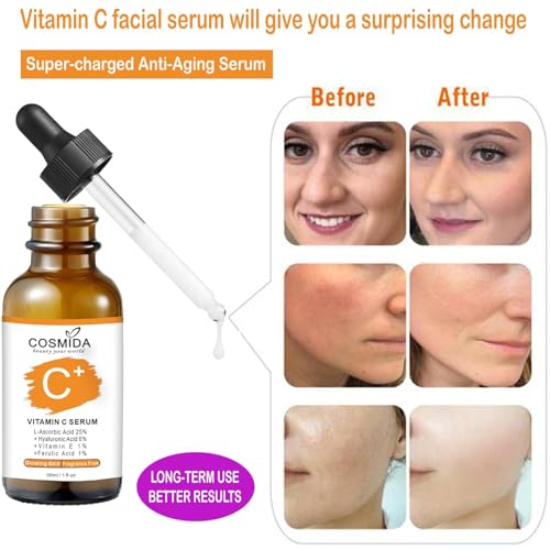 Cosmida Vitamin C Serum for Face with Hyaluronic Acid, Collagen, 1 Fl Oz - Brightening & Anti-Aging Skincare