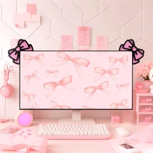 Cute Pink Bow Monitor Decorations - 2 Pcs 3D Wood Decor for Office