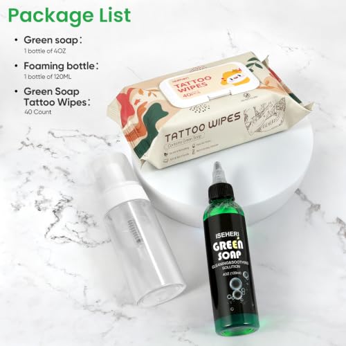 ISEHERI Tattoo Green Soap Cleaning Kit with 40 Wipes & Bottle