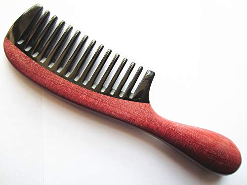 Myhsmooth Handmade Black Buffalo Horn Comb with Violetwood Handle, Wide Tooth, No Static, 7inch