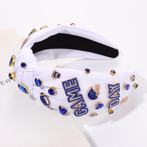 CEALXHENY White Blue Football Headband for Women Game Day Beaded Rhinestones