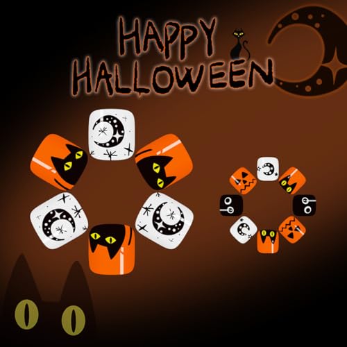 QUNQINLI Halloween Press On Toenails T10 Short Square Black White with Star Moon Cat Pumpkin Design, 24 Pcs