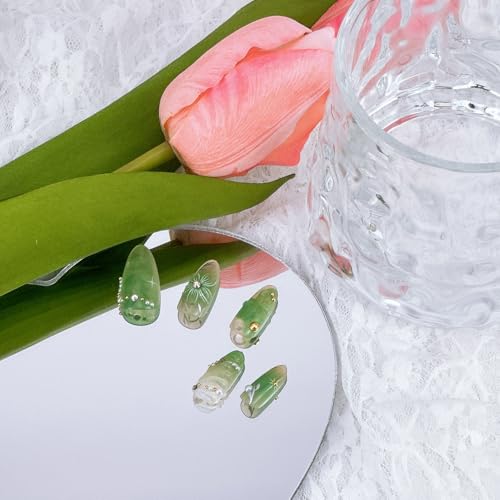 NZRAESTRS 3D Flower Nails - Green Almond Press-On Nails 30pc with 3D Beads, Butterfly & Pearl Decoration (Variation: 3D Flower Nails-2)
