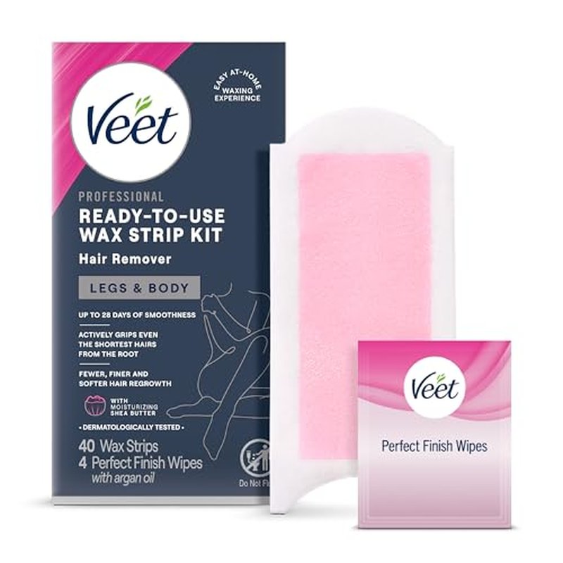 VEET Ready-To-Use Waxing Kit For Women | Wax Strips For Body Hair Removal, Wax Kit For Ingrown Hair Treatment, Personal Care Product, Hair Remover | 40ct Waxing Strips, 4ct Body Wipes