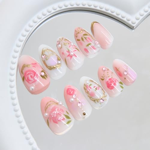 24Pcs Pink Almond Press On Nails with 3D Flower Design