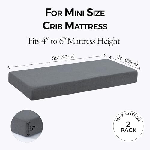 Dreamology Mini Crib Fitted Sheets - 100% Cotton, Soft & Hypoallergenic, 2-Pack, 38x24, Grey
