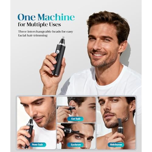 Nose Hair Trimmer for Men and Women, Type-C Rechargeable Precision Groomer with Double-Edged Blades, Painless & IPX7 Waterproof Design for Nose, Ears, Eyebrows and Facial Hair - Black