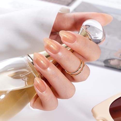 VSALON B4- Glow Almond Press On Nails - Apricot Gold Glitter