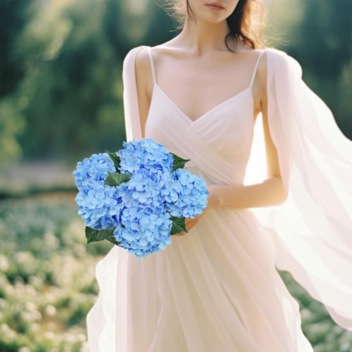 6PCS Premium Blue Silk Hydrangea Artificial Flower Bouquets