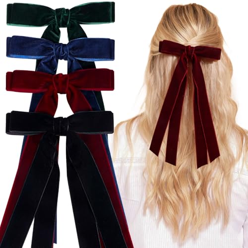 VOBOBE 4PCS Velvet Hair Bows for Girls & Women with Long Tails - Black, Red, Green, Navy