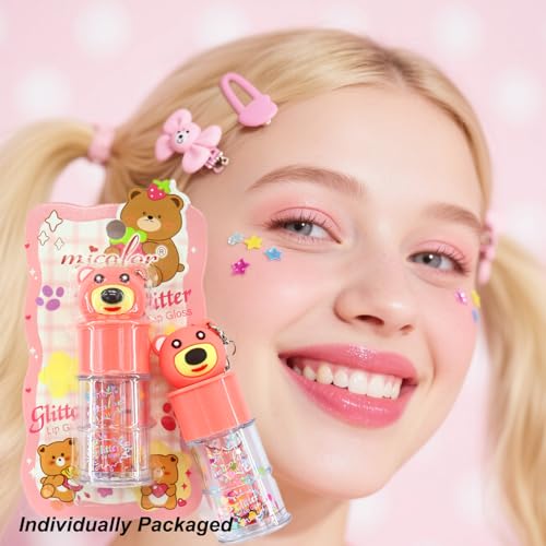 6 Pcs Hydrating Shimmer Lip Gloss Set with Cute Bear Keychain Design