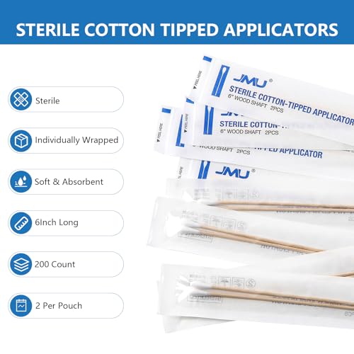 JMU 6 Inch Sterile Cotton Swabs Pack of 200 - Medical Grade Applicators