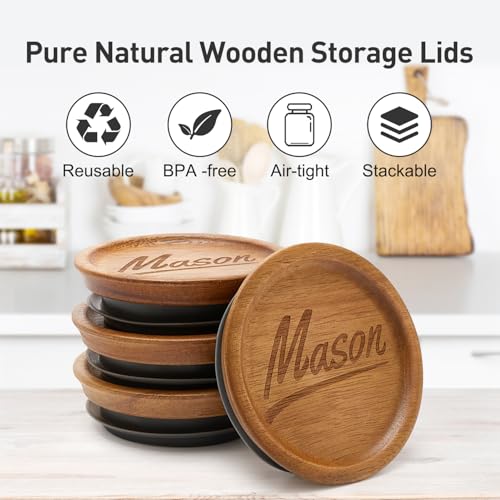4 Pack Wide Mouth Mason Jar Lids - Acacia Wood with Silicone Seal