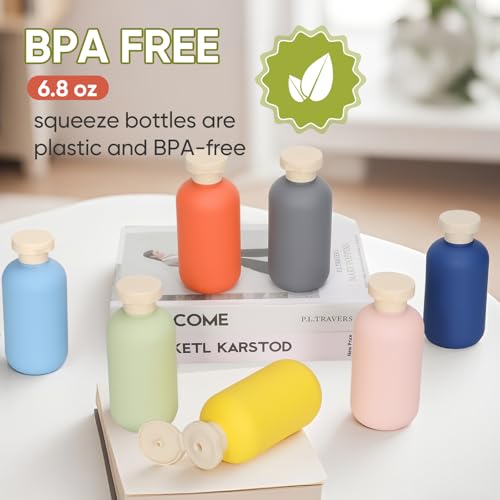 UMETASS 4 Pack 6.8 oz Refillable Travel Shampoo & Conditioner Bottles Orange, Yellow, Pink, Light Blue