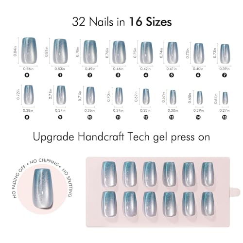 VSALON Medium Coffin Press on Nails - B3-1 Polar Glimmer, Icy Blue Ombre Cat Eye
