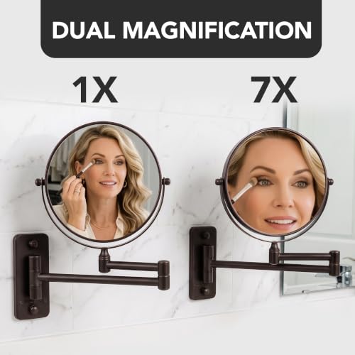 OVENTE 7-Inch Wall Mount Makeup Mirror with 8.5" Extendable Arm, Antique Bronze, 7X Magnification