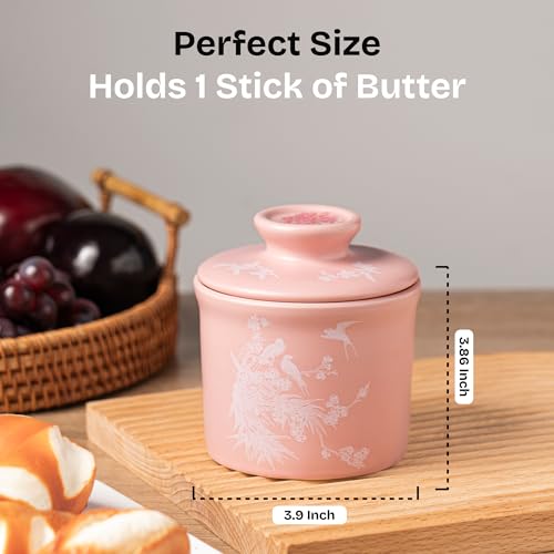 Pink Butter Dish with Lid - French Water-Seal Design for Fresh Butter