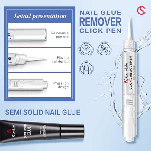 Curvlife 15g Nail Glue Gel & 5ml Remover Pen - Quick Drying, No UV Needed