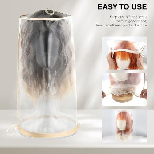 2PCS Light Golden Mesh Wig Storage Bags with Drawstring - Dust-Free & Travel-Friendly