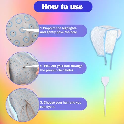 JJUNW 3-Pack Hair Highlighting Caps Kit with Needles & Brushes for DIY Hair Coloring