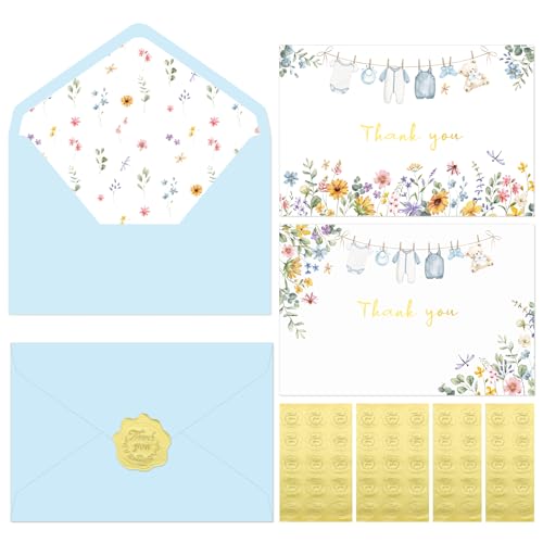 50 Pack Blue Baby Shower Thank You Cards with Envelopes