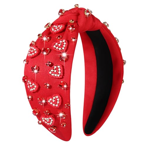 Beaded Heart Valentine’s Day Headband - Jeweled Rhinestone Knotted Hairband