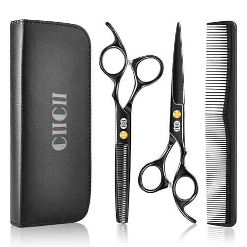 CIICII Hair Cutting Scissors Shears Kit, Professional Barber Haircut Scissors Set (6.7 Inch Hair Beard Hairdressing Trimming Haircutting Thinning Shears) for Men Women Hairdresser Home Salon (Black)